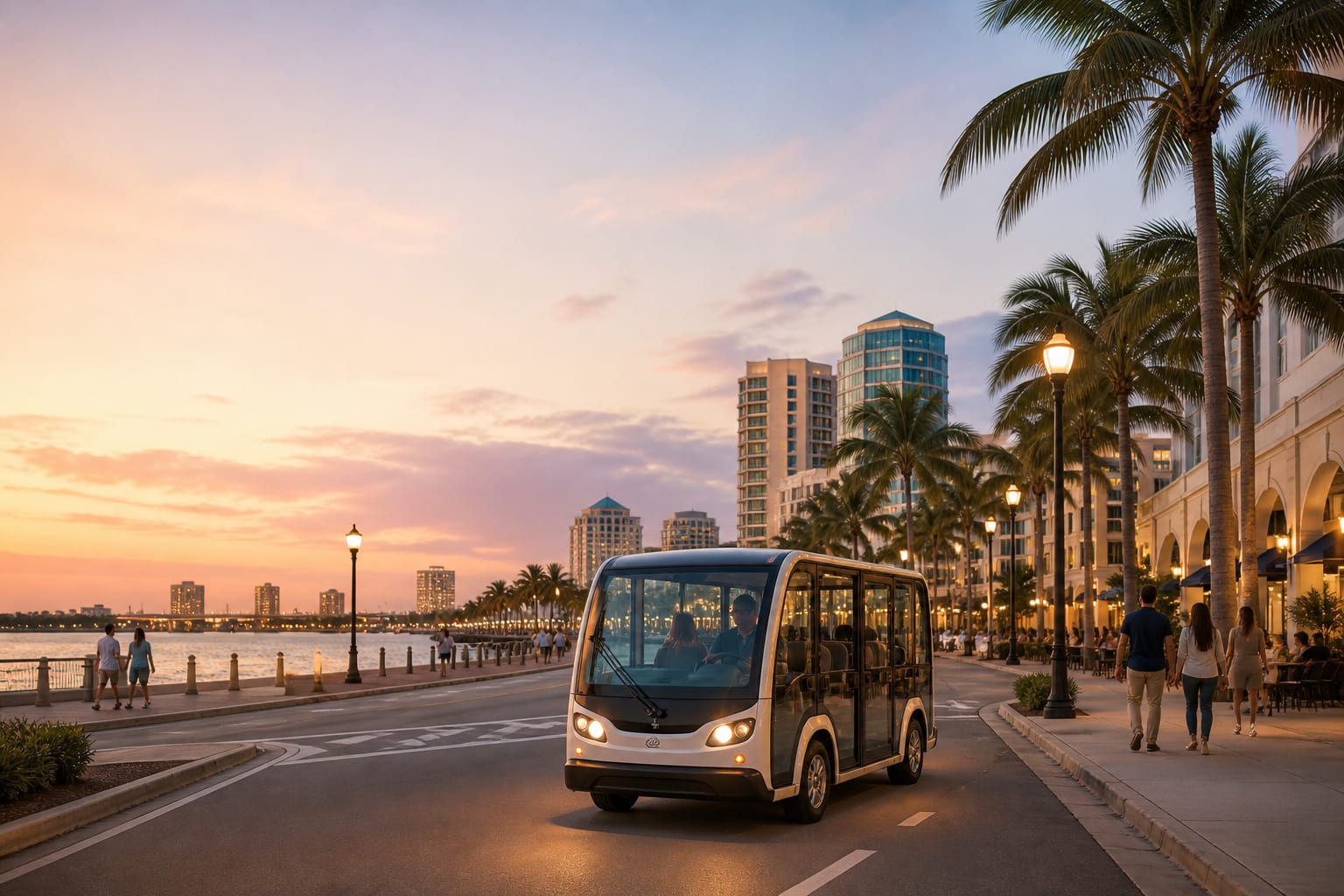 An electric shuttle moving through a palm-lined downtown street at dusk.