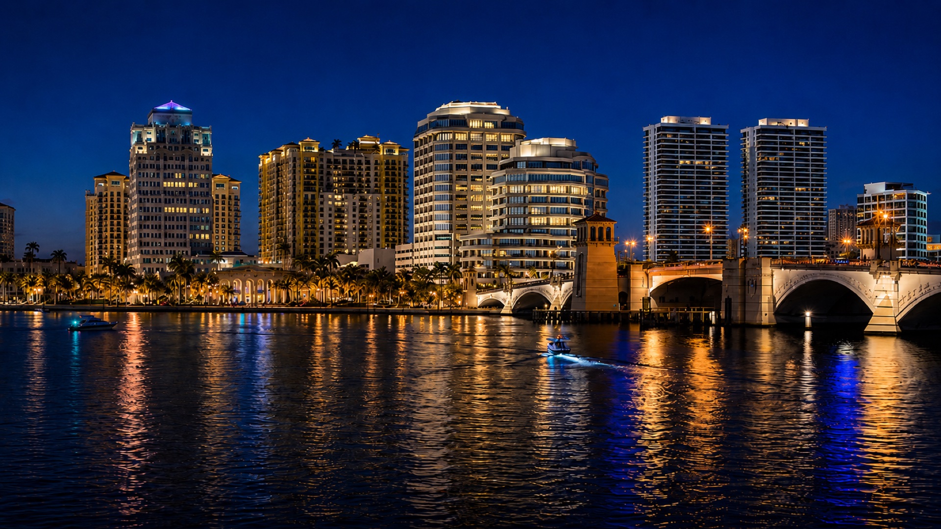 Downtown West Palm Beach skyline beside the Intracoastal at night